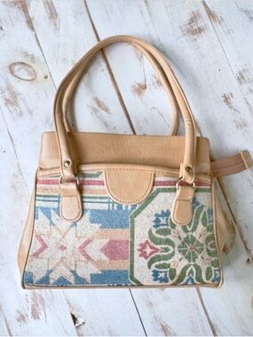 Vintage boho tapestry handbag geometric medallion Southwest faux leather satchel